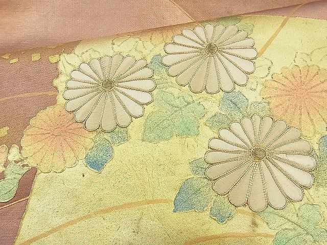 平和屋着物○太鼓柄袋帯 駒刺繍 総刺繍 花唐草文 金糸 正絹