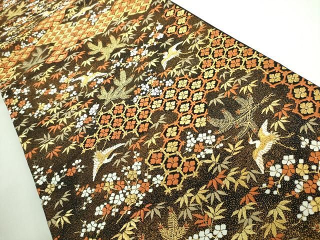 新品未使用　伝統工芸士中村弥吉作摺り友禅花鳥模様小紋　梅染色　ピンクブラウン 平和屋本店□極上 西陣 河合美術織物謹製 六通柄袋帯 唐織