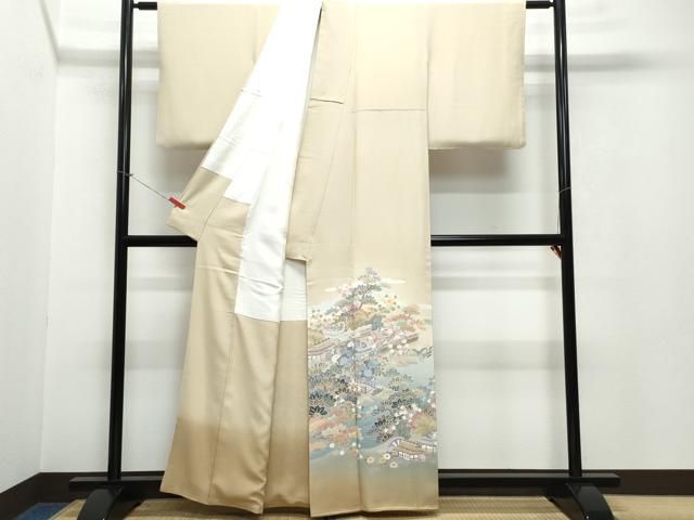 平和屋着物●十日町友禅作家　岡村蒼風　色留袖　風景草木文　正絹　逸品　CAAV6636vf 平和屋着物○十日町友禅作家 岡村蒼風 色留袖 風景草木文 正絹 逸品