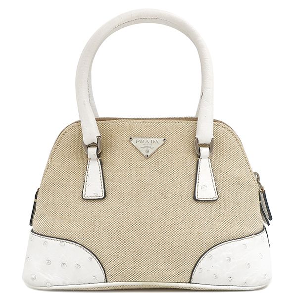 プラダ PRADA 2WAYバッグ キャンバス オーストリッチ キャンバス オーストリッチ ベージュ×ホワイト シルバー金具 三角ロゴプレート ミニ ショルダー 白