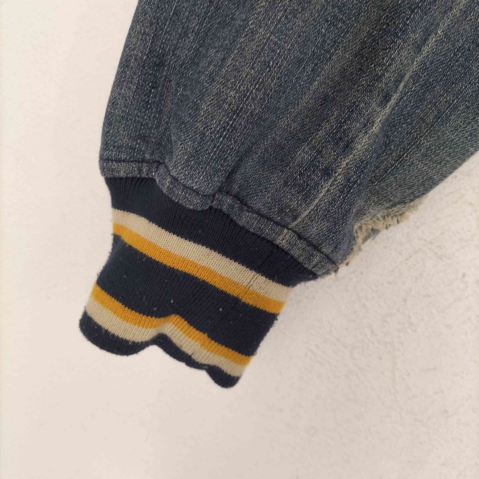 ダメージ加工デニムスリーブ ウールメルトンワッペンスタジャン