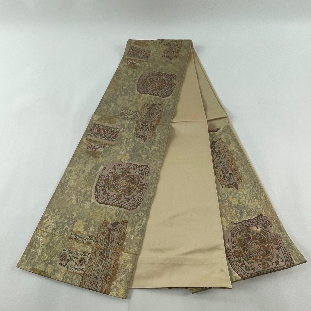 袋帯 美品 秀品 コプト柄 幾何月 箔 ベージュ 六通 正絹 【中古  