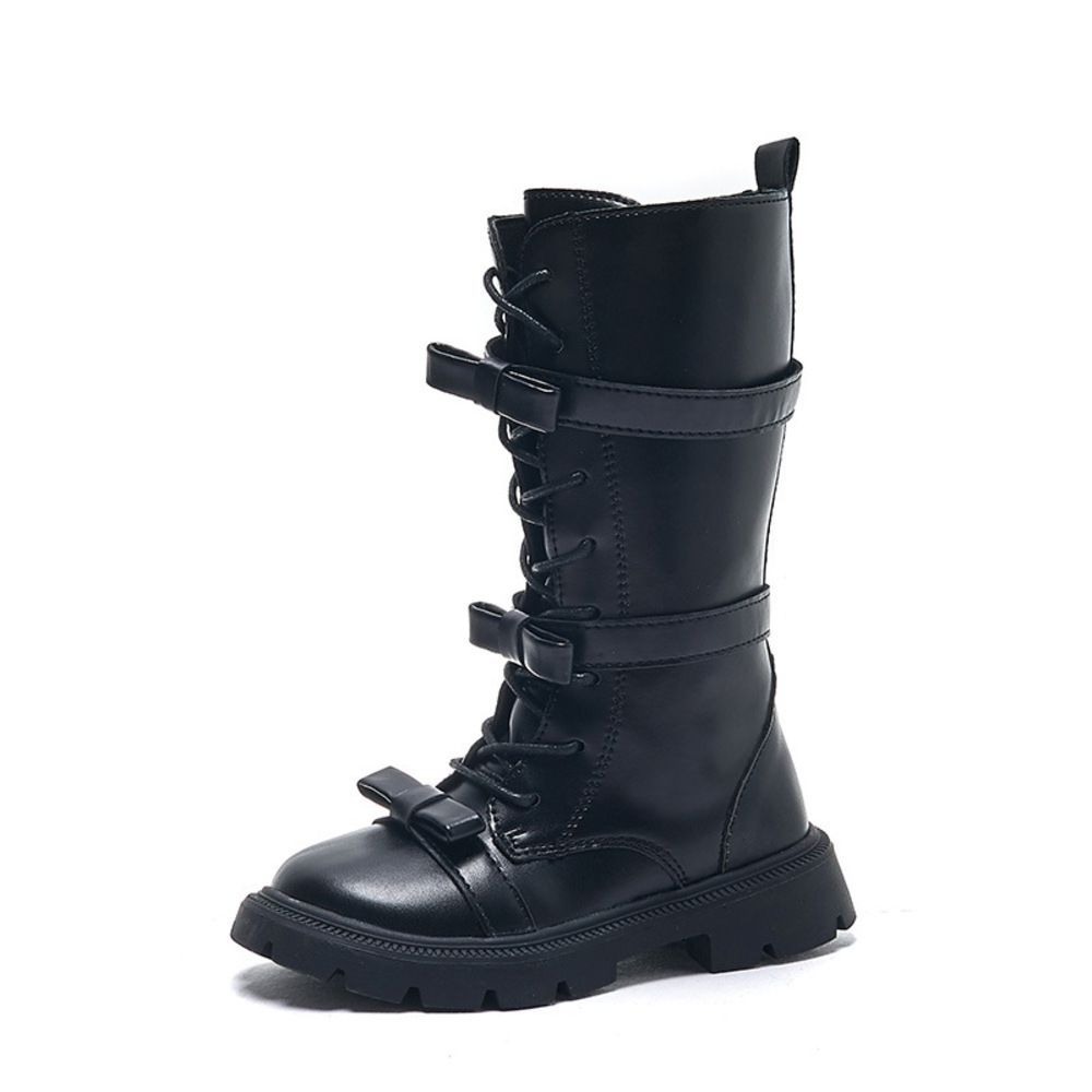 ブラック  35(22cm)  キッズ ブーツ pkboots88222 キッズ ロングブーツ ロング ブーツ 女の子 ローヒール ローシューズ 子供靴 靴 子供ブーツ フォーマル靴 フォーマルシューズ レースアップブーツ 