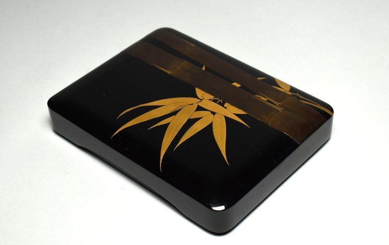 蔵A4317b 木製 蒔絵竹笹文 硯箱 文箱 共箱