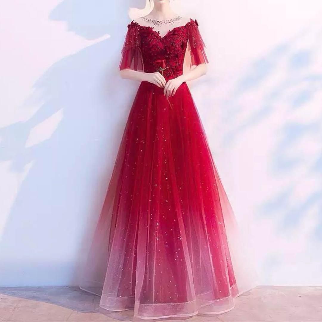 花柄レッドロングドレス♡結婚式パーティー演奏会に♩半袖ゴージャス 花柄レッドロングドレス 結婚式パーティー パーティードレス
