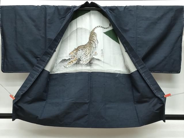 平和屋着物○男性 紬 アンサンブル 濃紺色 正絹 逸品 未使用