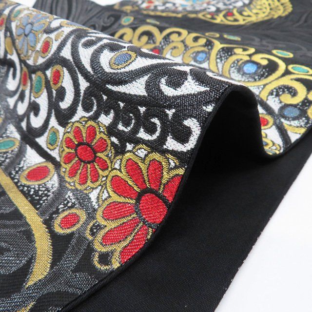 袋帯 中古 正絹 未仕立て 六通 花模様 箔糸 黒色 多色 金 A1223