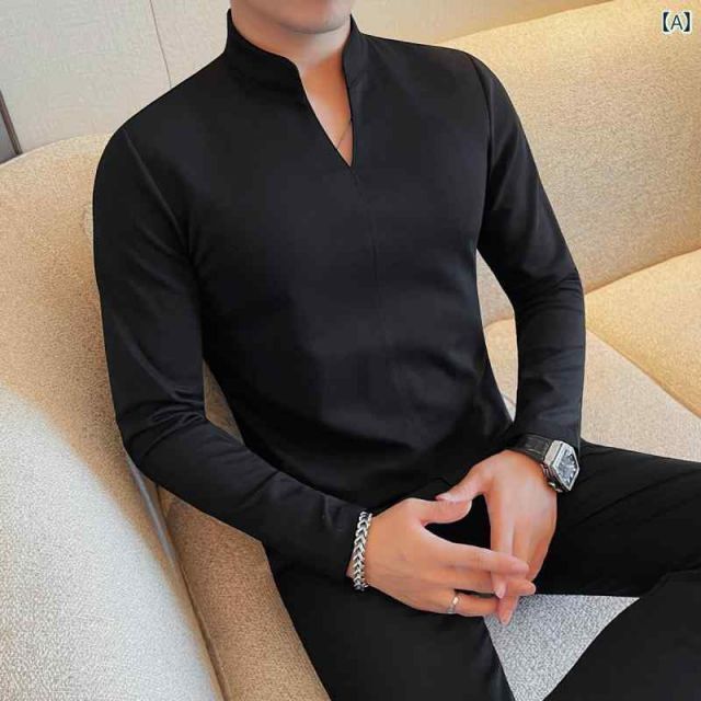 [XL (]春 コーデ メンズ  服 シンプル ファッション オシャレ 大人 かっこいい 大きいサイズ ストリート 紳士服  スタンドカラー T シャツ 長袖 無地 スリム Vネック