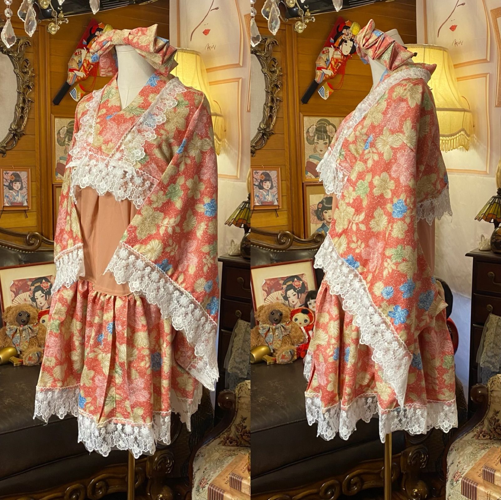 着物 ハンドメイド ワンピース 和洋折衷 ドッキング コラージュ リメイク 切り替え コーラル菊×ペールピンク O-75 WWW_NOITHATQUANGTHANH_NET