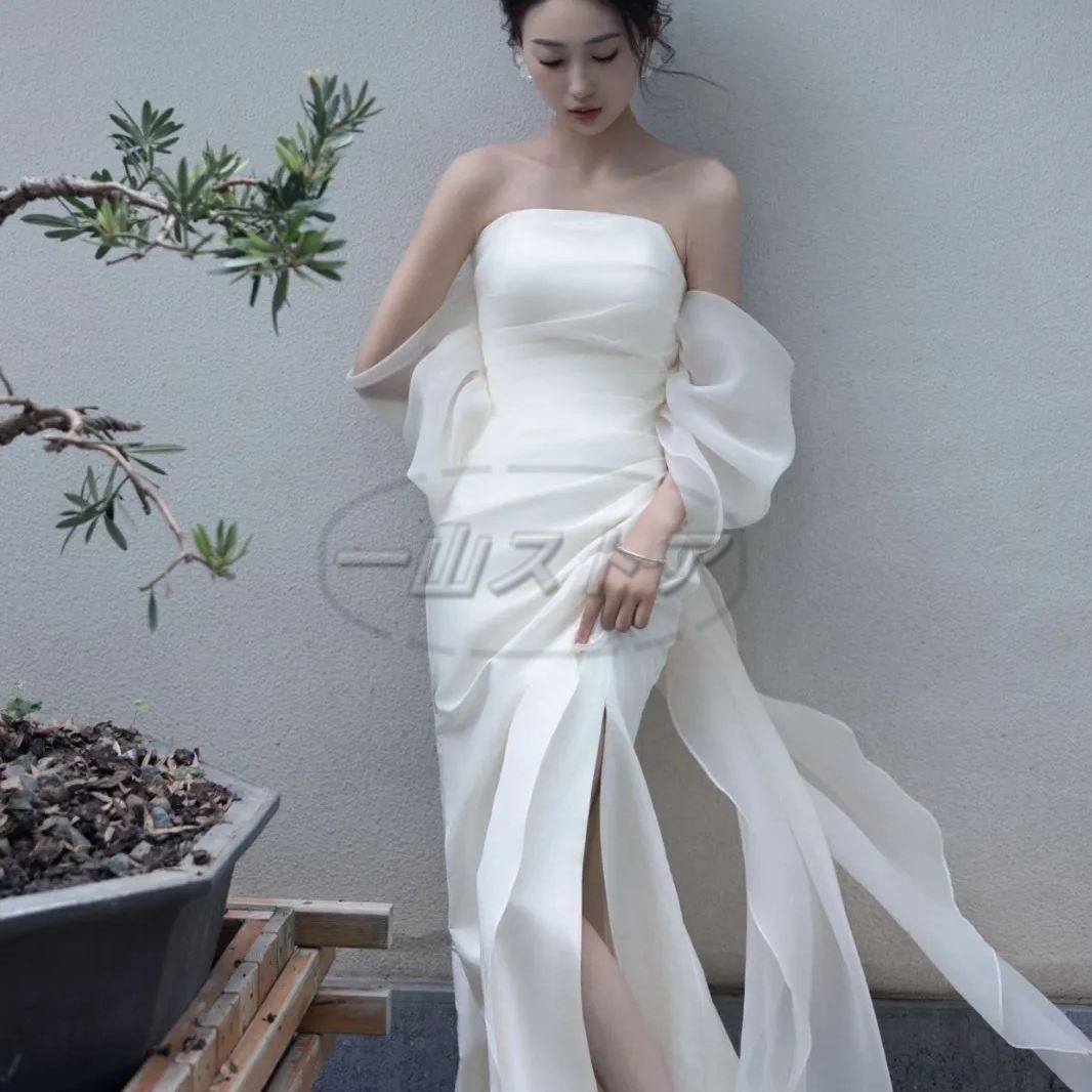 サテン ウェディングドレス 前撮りドレス マーメイド ウエディングドレス 二次会ドレス花嫁 オフショルダー オフショル 袖あり 前撮り ドレス 花嫁かわいい 花嫁二次会ドレス フォトウェディング