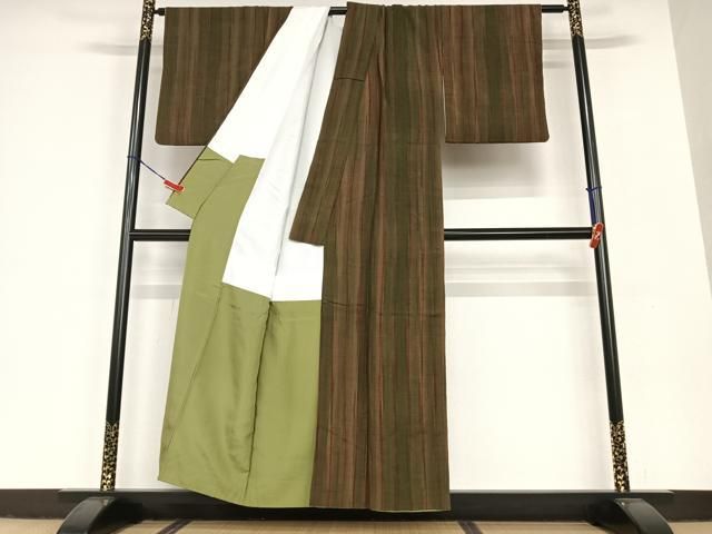 平和屋着物○上質な紬 鳥 縞 正絹 逸品 AABC0031zg