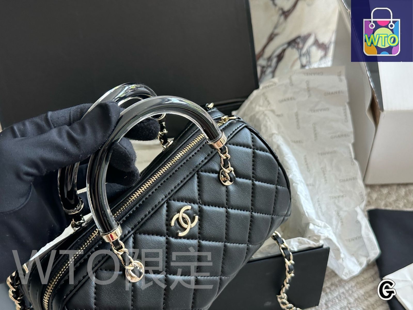 *25A限定♡希少*【CHANEL】ミニボウリングバッグCCロゴ ミニ ボーリング バッグ、ベルベット & カーフスキン、ブラック