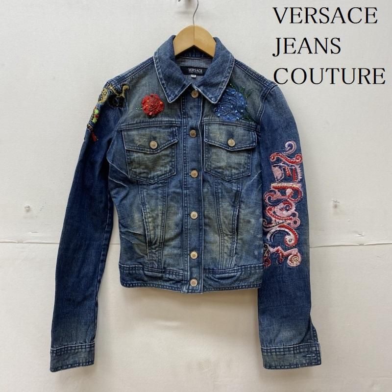 VERSACE JEANS COUTURE ヴェルサーチジーンズクチュール ジャケット、上着 ジャンパー、ブルゾン 花 ロゴ 刺繍 ラインストーン  デニム ジャケット - メルカリ