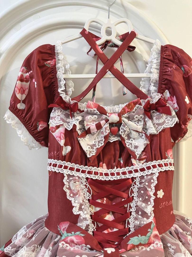 【苺パフェ】ロリータドレス リボン可愛いゴスロリ 森ガール 姫様 スイーツ柄 赤 苺パフェ】イチゴ ロリータドレス リボン 可愛い ゴスロリ 森