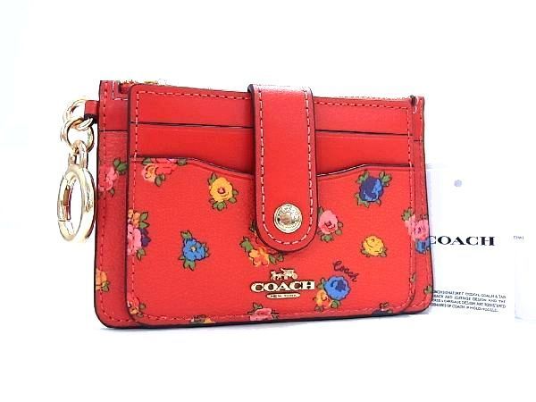 COACH コーチ C9933 PVC フラワー 花柄 キーリング付き カードケース コインケース カード入れ レッド系 BC4647ｱZ