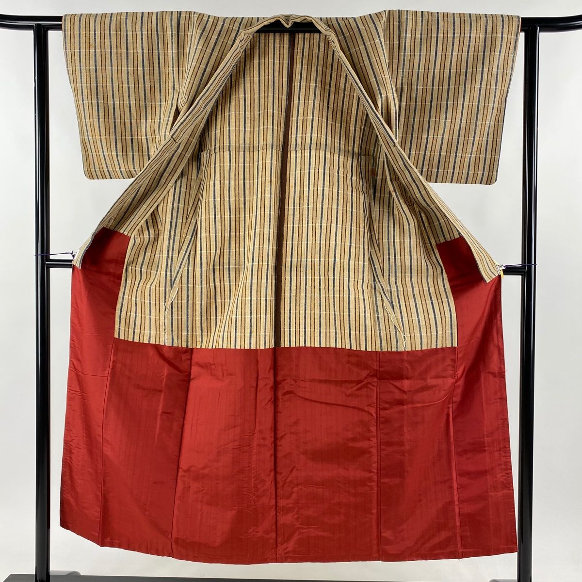 紬 身丈150.5cm 裄丈60.5cm S 袷 丹波布 バチ衿 胴抜き 縦縞 薄茶色 綿  