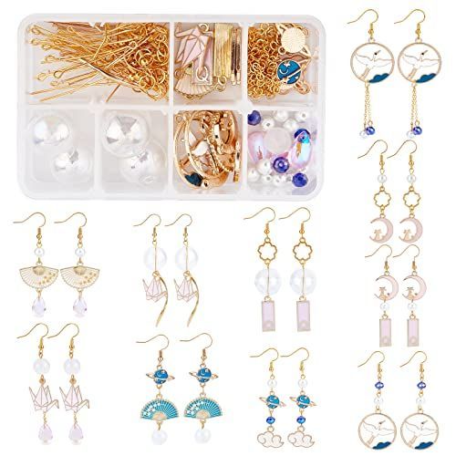 SUNNYCLUE 【和風日記】 10対 和風 ピアス 手作り セット チャーム 千羽鶴 ピアス キット チャーム 扇子 パーツ 月 ピアス 猫 ペンダント エナメル イヤリング 雲 ネックレス 人工真珠 惑星 フレ