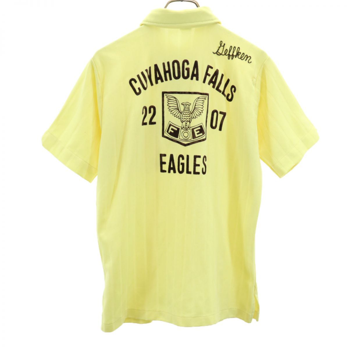 ヒルトン 70s USA製 ヴィンテージ バックプリント ストライプ地 半袖 ポロシャツ L イエロー Hilton 刺繍 メンズ 古着 【240322】