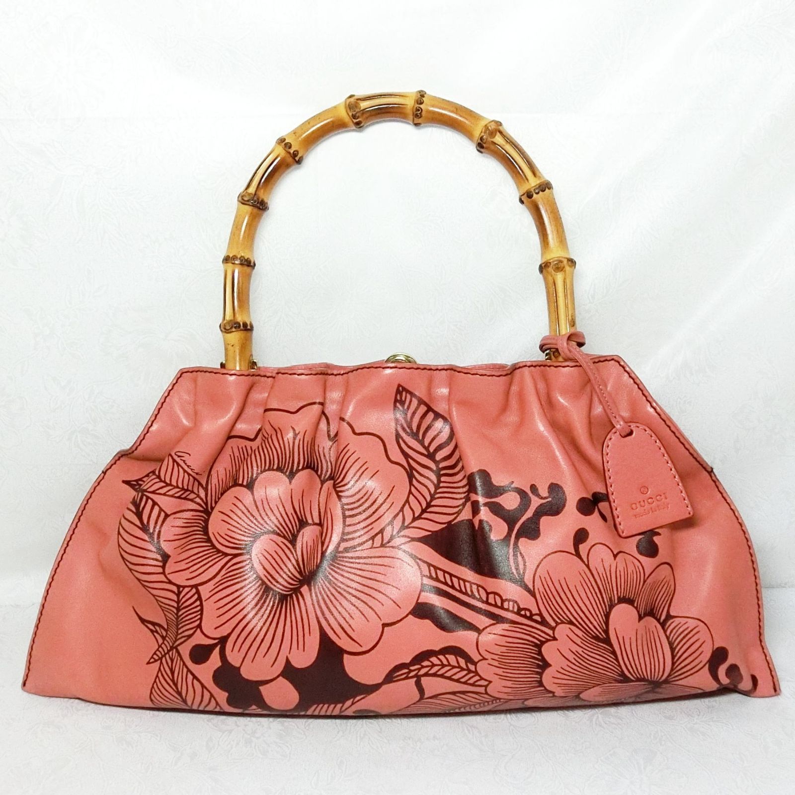 グッチ バンブーハンドバッグ花柄くすみピンク95231がま口フラワー 