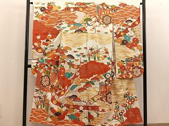 美品　成人式❤️　振袖フルセット　絞り　駒刺繍　御所車飛鶴吉祥文　金彩　正絹　逸品 美品 成人式❤️ 振袖フルセット 絞り 駒刺繍 御所車飛鶴吉祥文