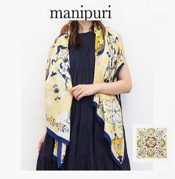 manipuri マニプリ リネンコットンシルクストール コラージュオーナメントフラワー 0131333022 スカーフ 120×120cm 大判 麻  綿 - メルカリ