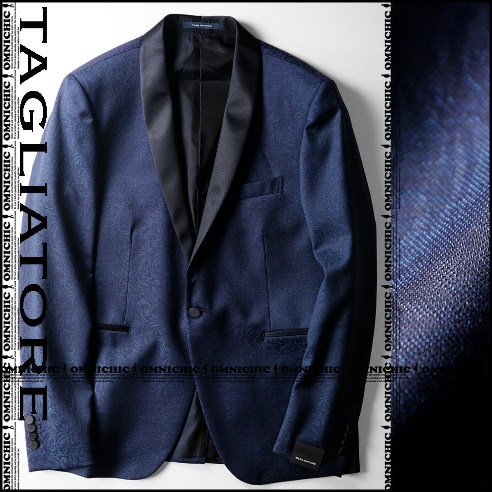 感抜群の ジャガード柄 24春夏 TAGLIATORE タリアトーレ 色気漂う ドレッシ―モデル 上 ネイビー ウール スモーキング ジャケット 52