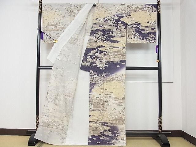 平和屋本店□極上 染織の名門 しょうざん 生紬 単衣 風景花文