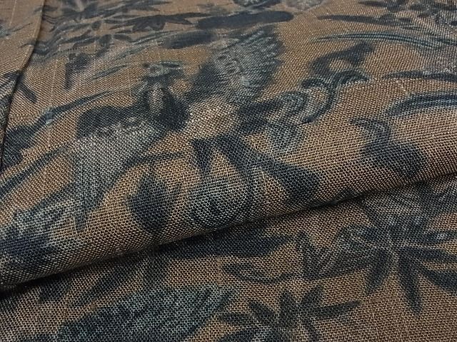 平和屋本店□極上 染織の名門 しょうざん 生紬 小紋 更紗花鳥文 反端