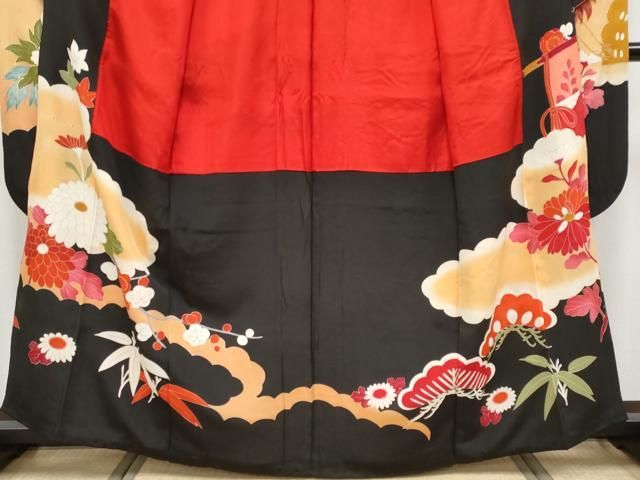 平和屋本店■極上　アンティーク　大正ロマン　振袖　駒刺繍　飛鶴御所車花文　暈し染め　黒地　逸品　CYAA3868s5 平和屋本店□極上 アンティーク 大正ロマン 振袖 駒刺繍 飛鶴御所車花