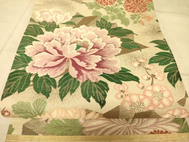 平和屋着物◎アンティーク 丸帯 菊に牡丹 引き抜き帯 正絹 逸品