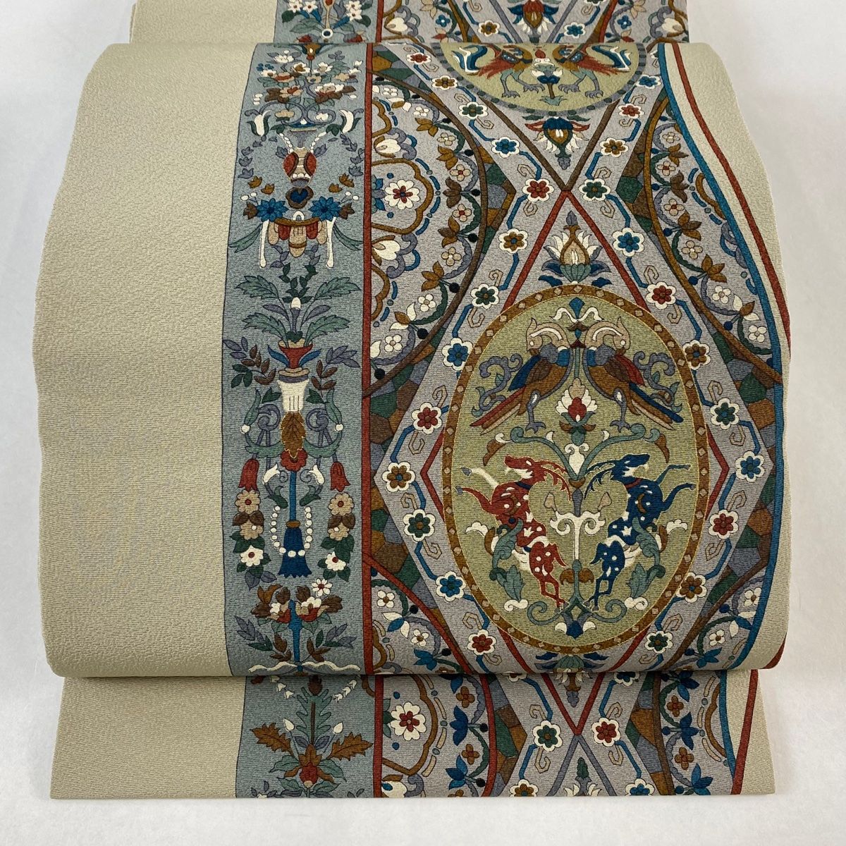 開き名古屋帯 美品 秀品 向鳥 草花 金彩 灰色 正絹 【中古