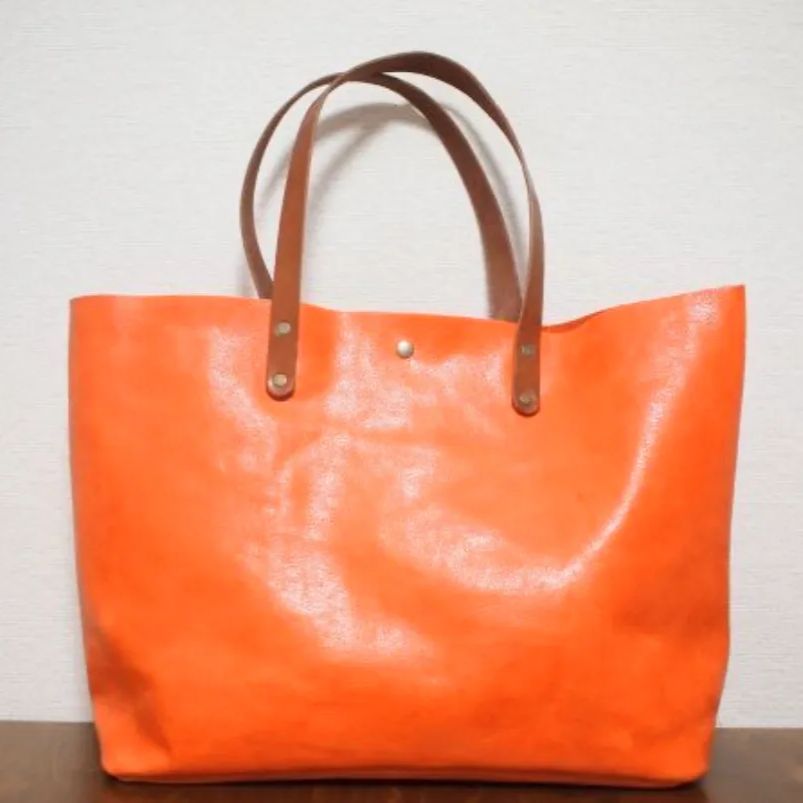 ハンドメイド　ヌメ革　トートバック　クリーマー　オレンジ　★新品／未使用品★ ☆ハンドメイド☆】ヌメ本革 トートバック オレンジ クリーマー