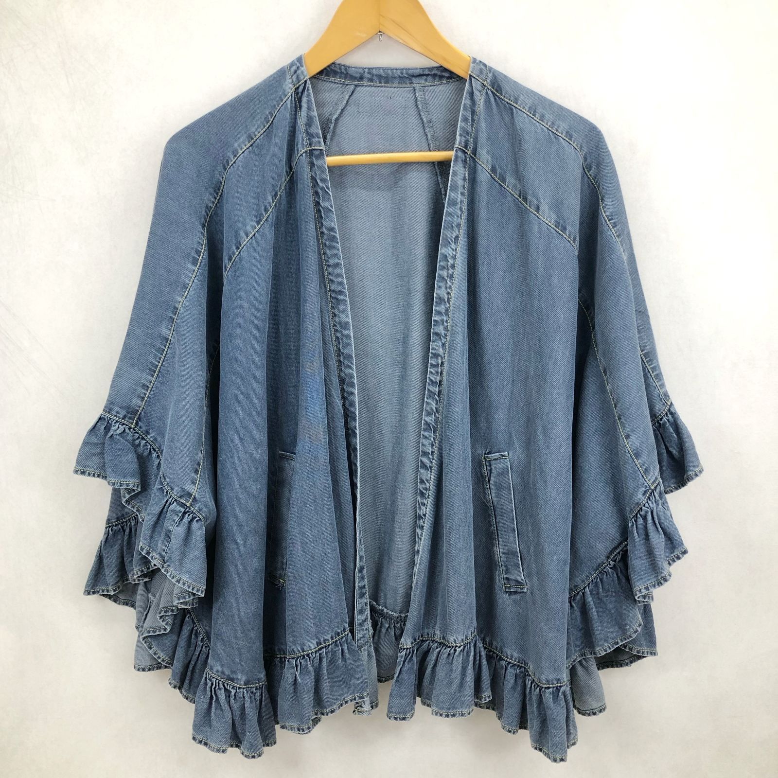 美品 ayane アヤン テンセル デニム フリル ポンチョ 825504 25