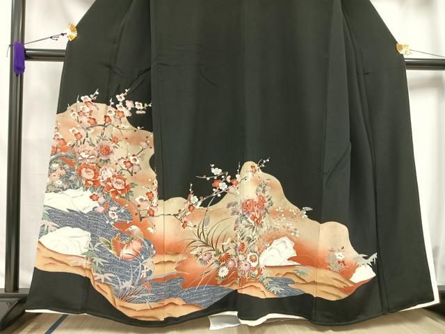 平和屋着物●豪華振袖　草花文　暈し染め　黒地　金彩　正絹　逸品　DAAQ2791ps 平和屋着物○豪華振袖 草花文 暈し染め 黒地 金彩 正絹 逸品 DAAQ2791ps