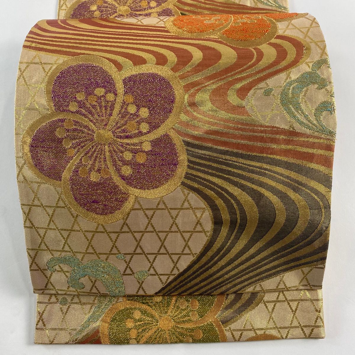 袋帯 秀品 梅 流水 金糸 箔 金色 六通 正絹