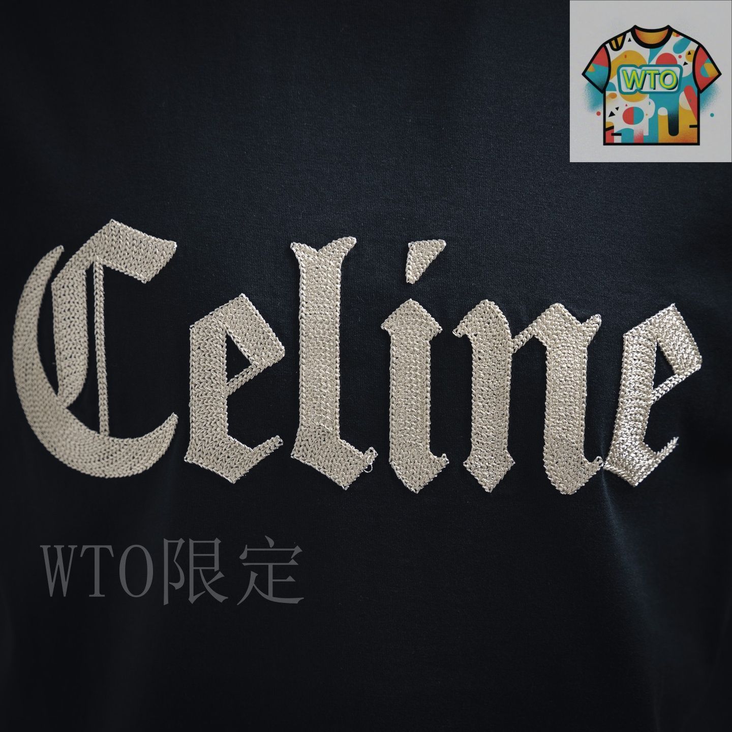 CELINE ブラック Tシャツ ロゴ入りM 今日WTO】Celine 2025SS ゴシックアルファベット刺繍 半袖 T