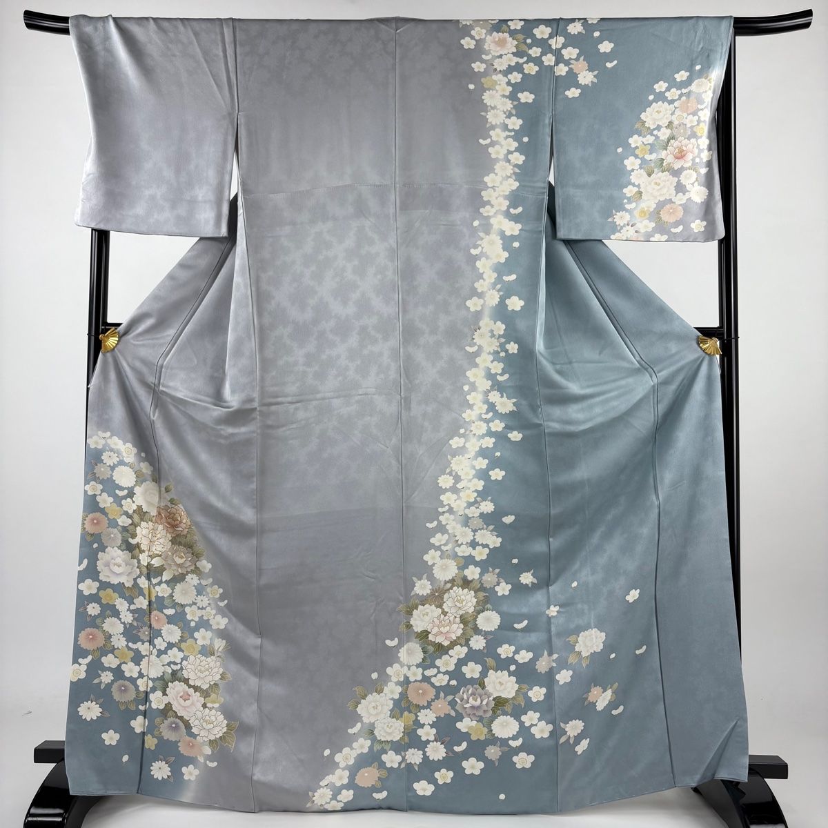 訪問着 身丈168.5cm 裄丈70cm L 袷 牡丹 菊 金糸 金彩 灰紫 正絹 秀品