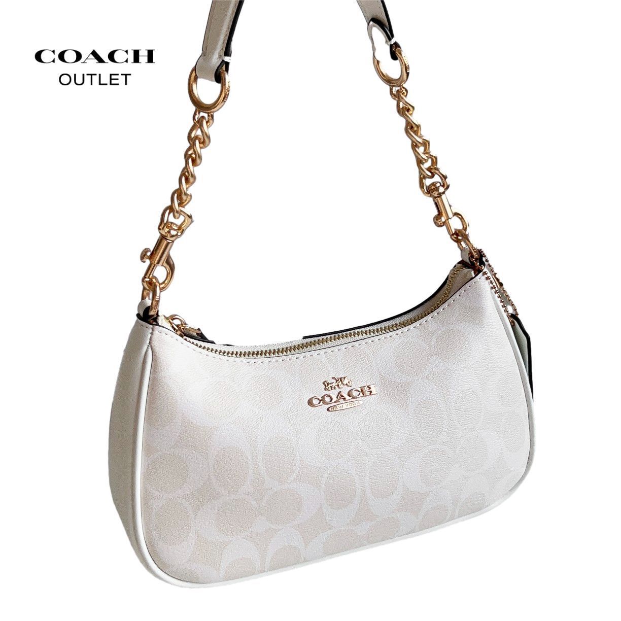 コーチ CA548 バッグ COACH コーティングキャンバス レザー シグネチャー テリ ロゴ 2way 斜め掛け チェーン ショルダー ハンド バッグ ホワイト アウトレット