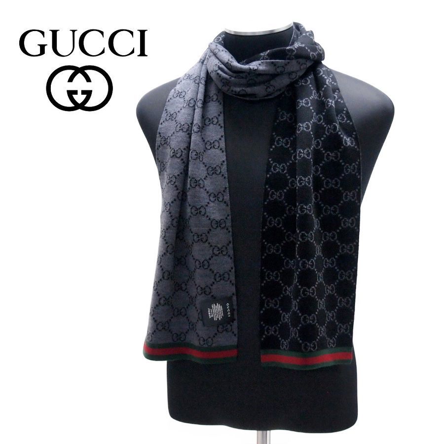 9 GUCCI マフラー ストール 男女兼用 ブラック×グレー 325806