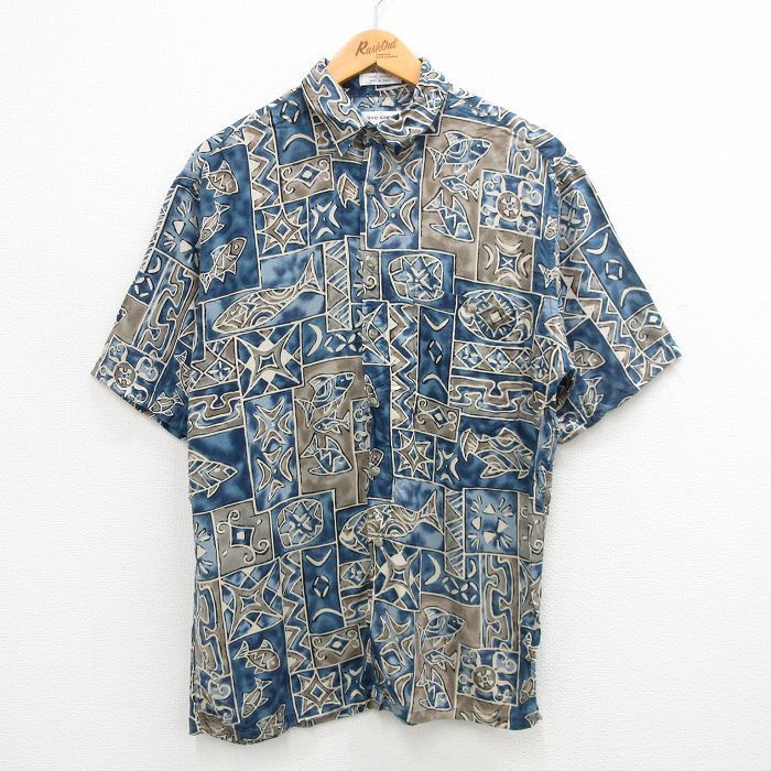 M/古着 ピエールカルダン 半袖 シャツ メンズ 90s 魚 総柄 レーヨン 紺他 ネイビー 24mar08 中古 トップス
