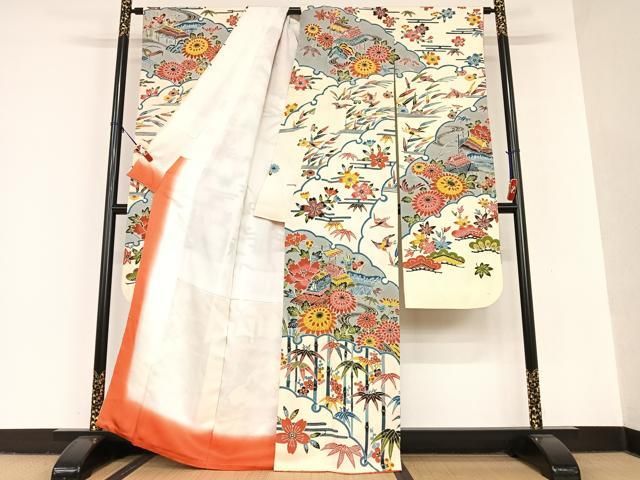 平和屋着物○紅型 振袖 風景花鳥文 松竹梅 正絹 逸品 AAAU8146zg