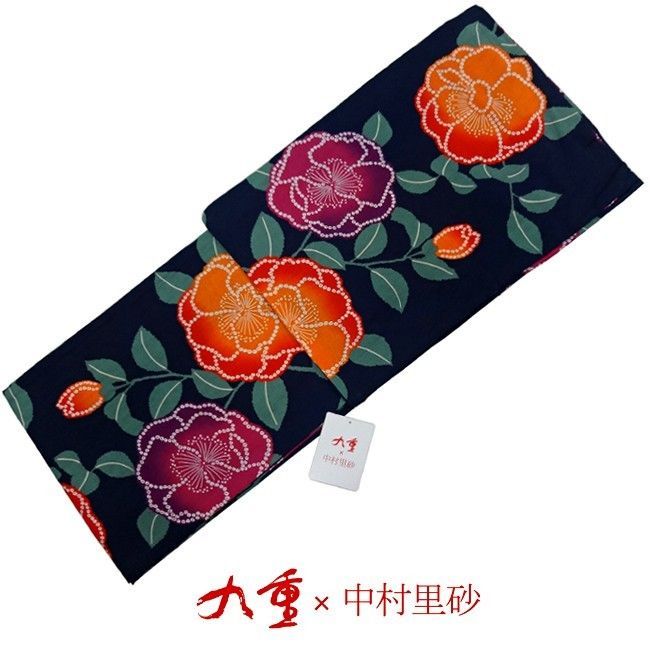 浴衣 レディース 九重 × 中村里砂 浴衣単品 (紺地 オレンジ・紫 椿