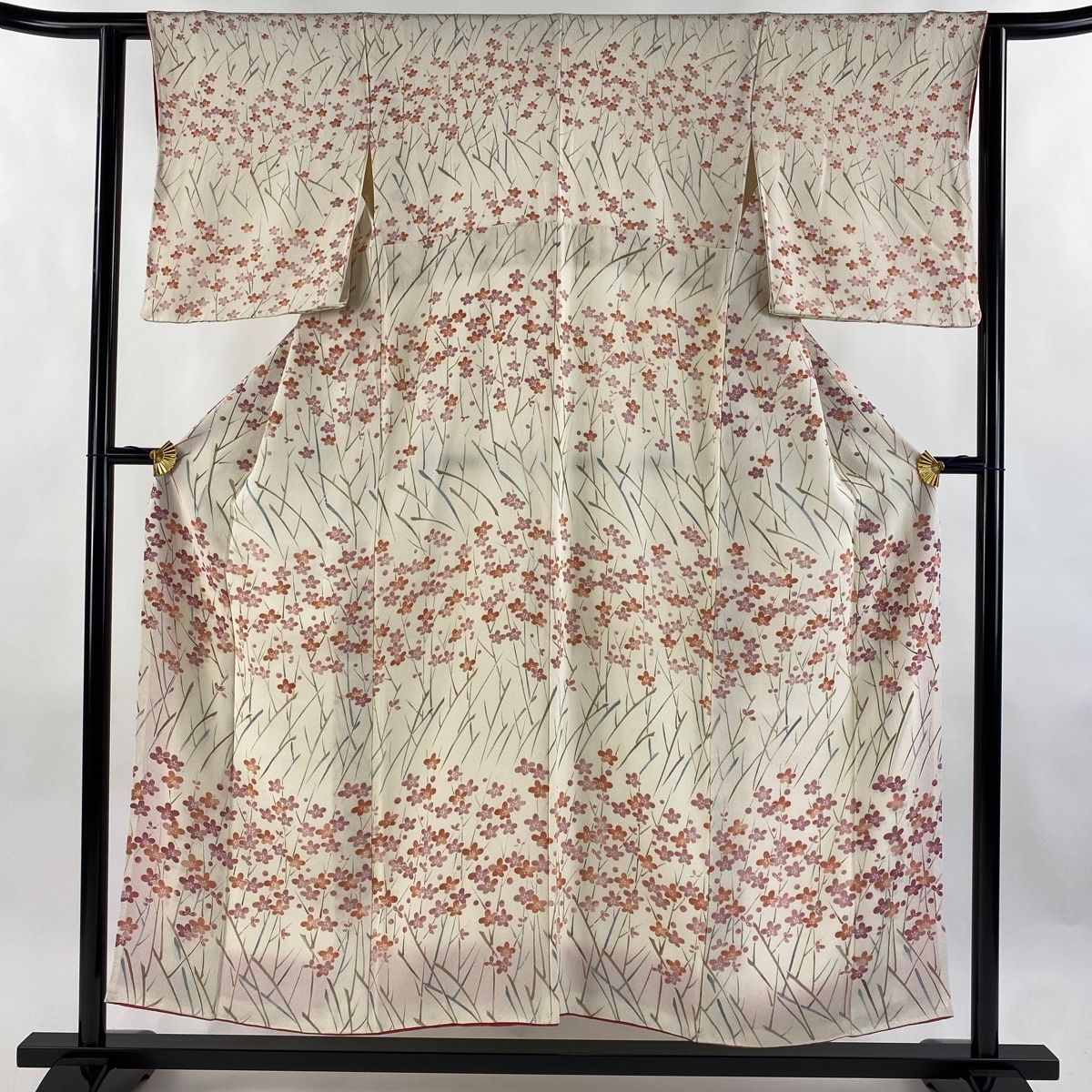 小紋 身丈154cm 裄丈61cm S 袷 梅 縮緬 クリーム 正絹 秀品