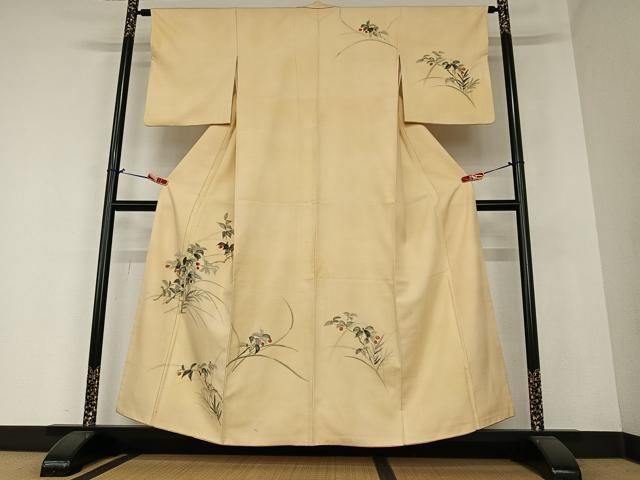 平和屋着物○訪問着 紬地 手描き 南天文 正絹 逸品 AAAZ0310zg 平和屋