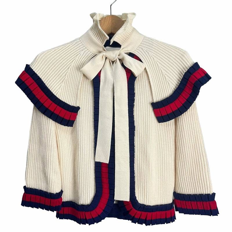 GUCCI カーディガン アイボリー リボン 美品 グッチ GUCCI 付け襟 リボン ウール ニット カーディガン アイボリー