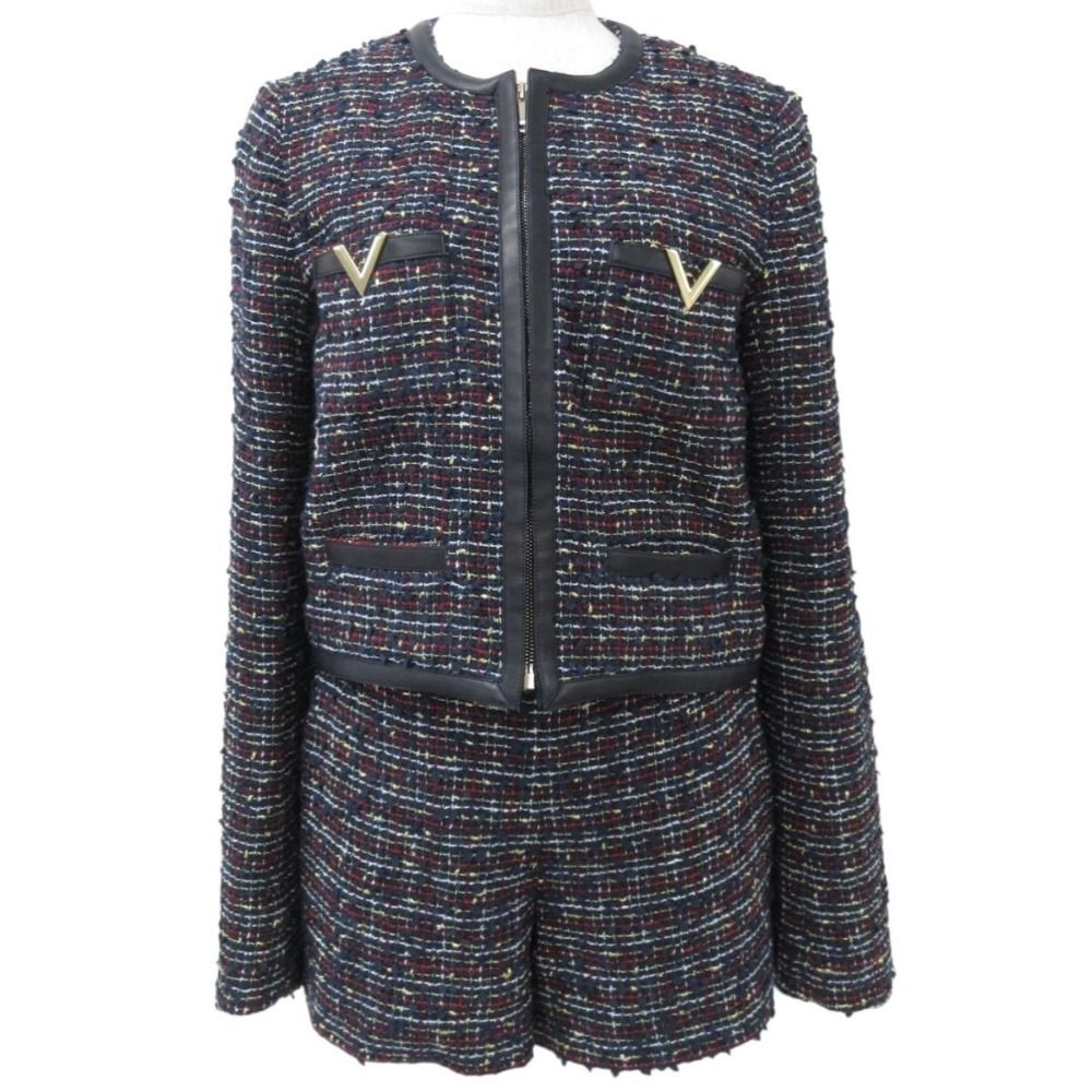 美品 22-23AW VALENTINO ヴァレンティノ V金具 ツイード ノーカラー  