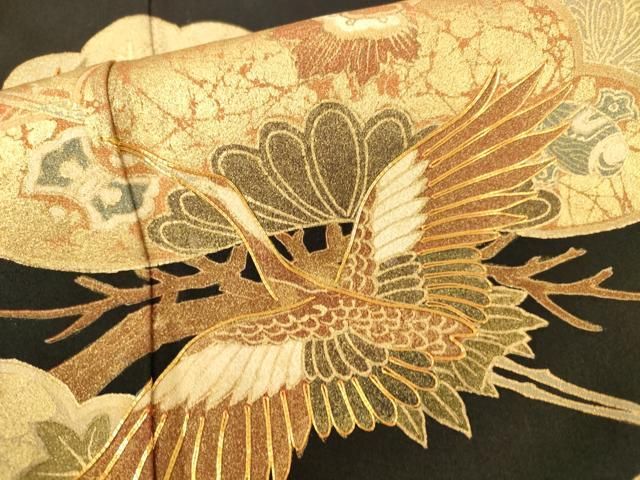 平和屋着物□豪華黒留袖 駒刺繍 飛鶴松文 金彩 正絹 逸品 AABA7075ma