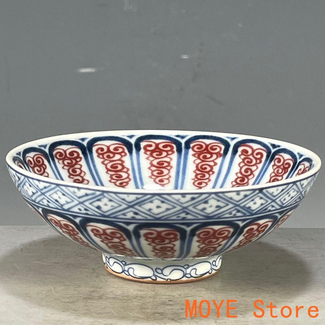 藍花釉里紅博古花紋碗 景徳鎮 陶磁器 装飾品 現代工芸品 美術品