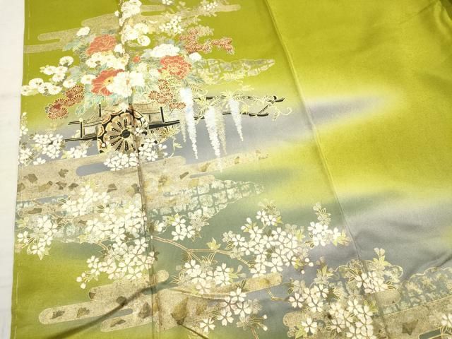 訪問着 流水草花文 たたき染め 金彩 正絹 4398］訪問着 たたき染 流水草花