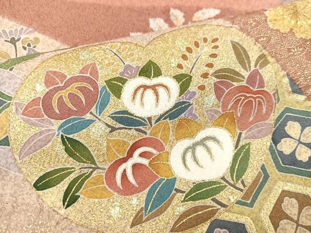 平和屋着物○訪問着 駒刺繍 絞り 雪輪草花文 金彩 正絹 逸品